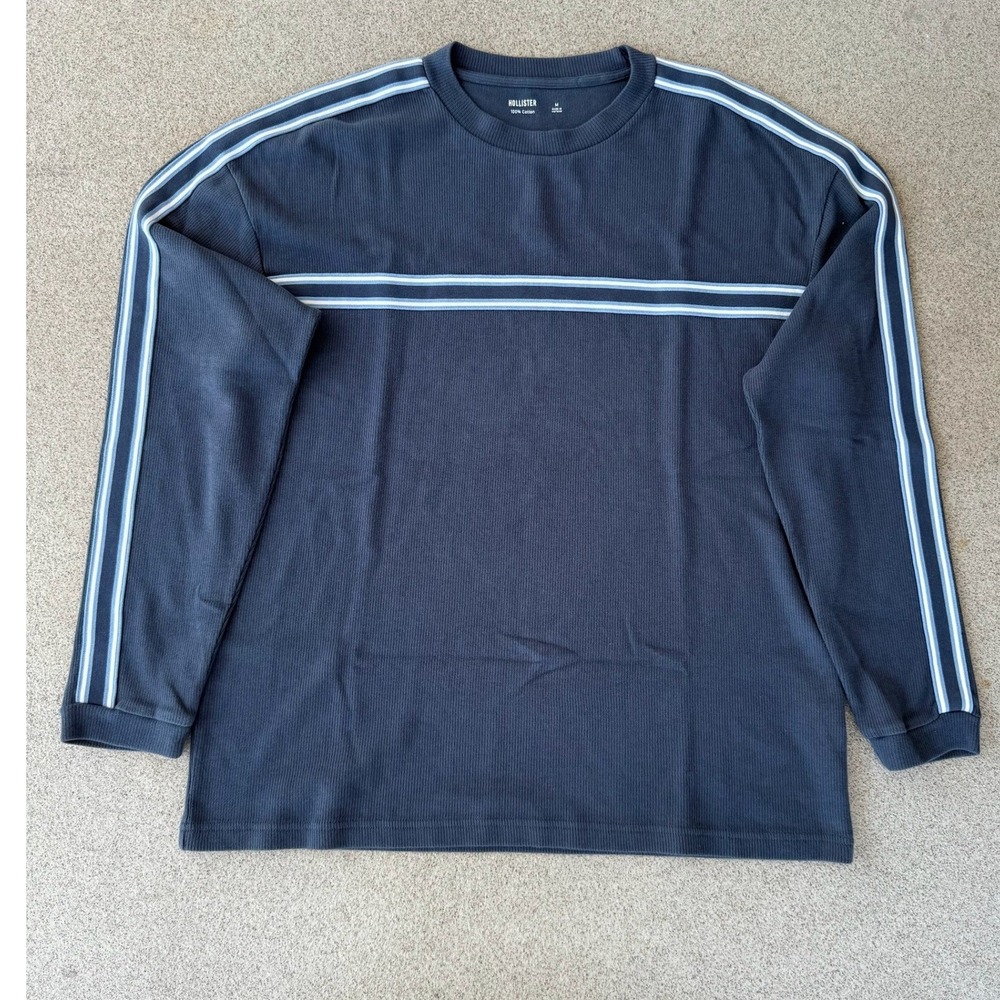 Hollister Ribbed Mens Medium Long Sleeve Shirt - Navy Blue Striped
